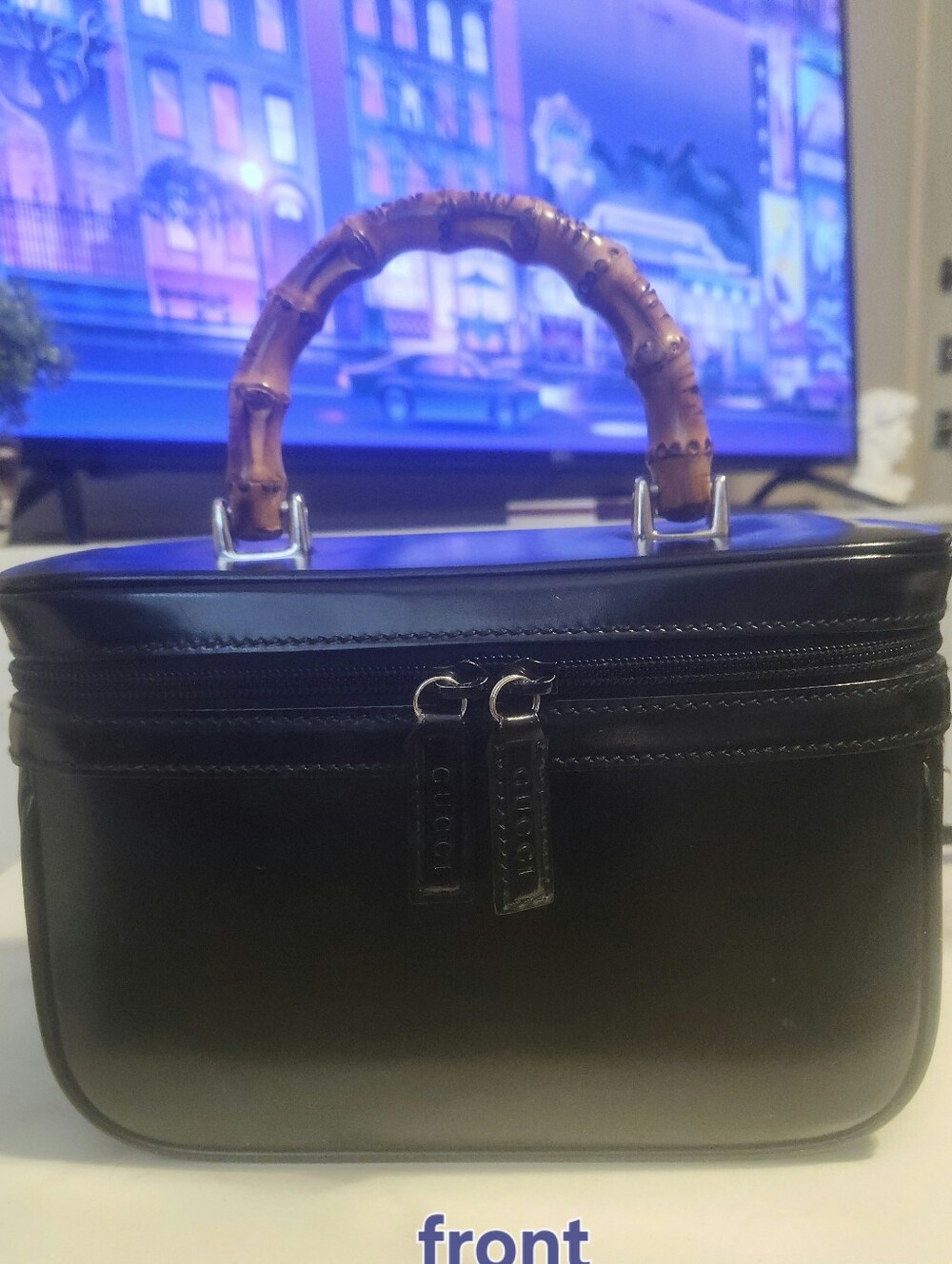 Vintage Gucci Bamboo Handle Leather Vanity Bag w/ Original Strap & Mirror
